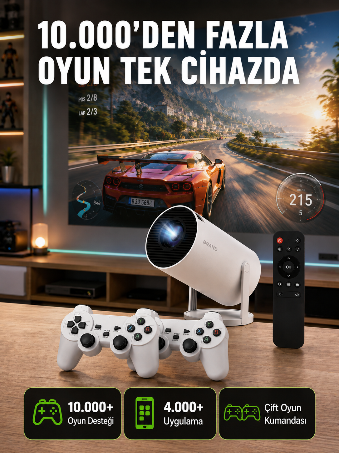 TÇift Kollu Tasarımlı Kablosuz Projeksiyon – 4K, 10.000 Oyun ve Smart App Desteği Yeni Nesil