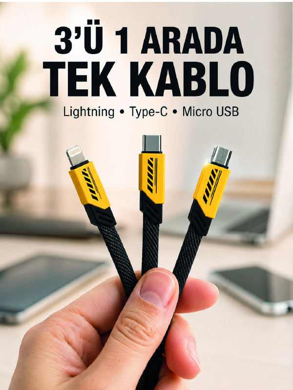 3'lü Şarj Kablosu Hızlı Şarj Destekli Dayanıklı Örgü USB Kablo