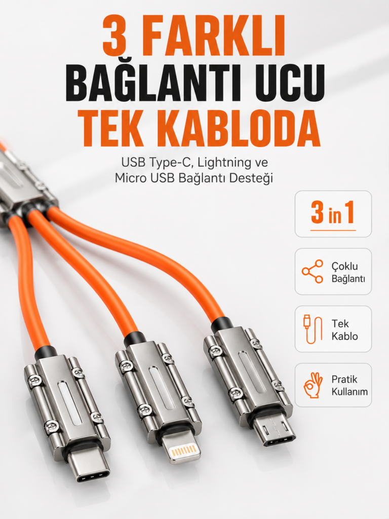 Çinko Alaşımlı Metal Konnektörlü Dayanıklı 6A Hızlı Şarj Kablosu