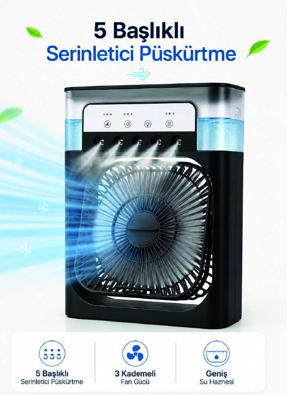 Modern Püskürtmeli Masaüstü Fan  Geniş Su Haznesi, 5 Sis Çıkışı, 3 Kademe Fan Gücü