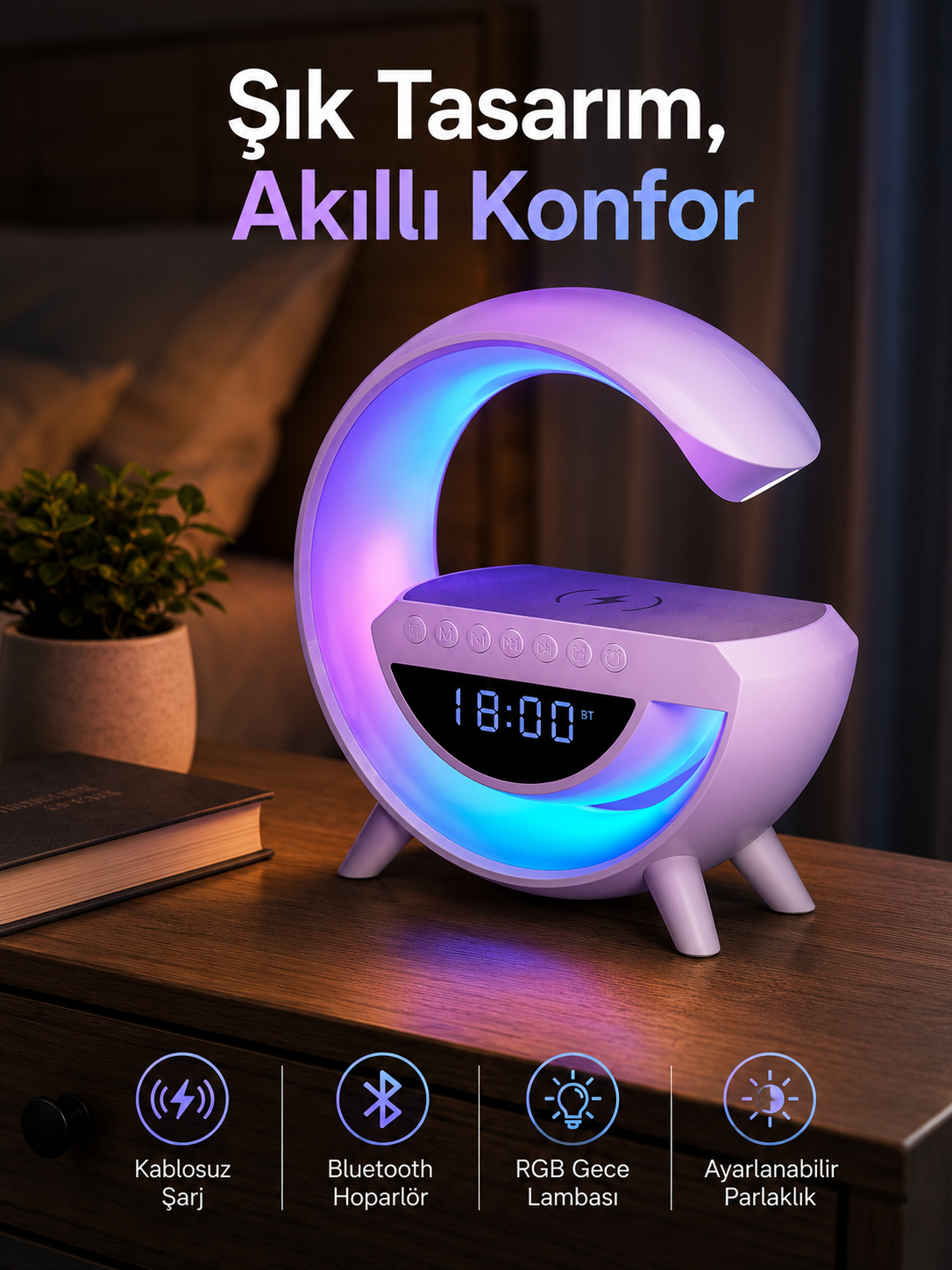 Bluetooth Hoparlör 15W Kablosuz Hızlı Şarj LED Gece Lambası