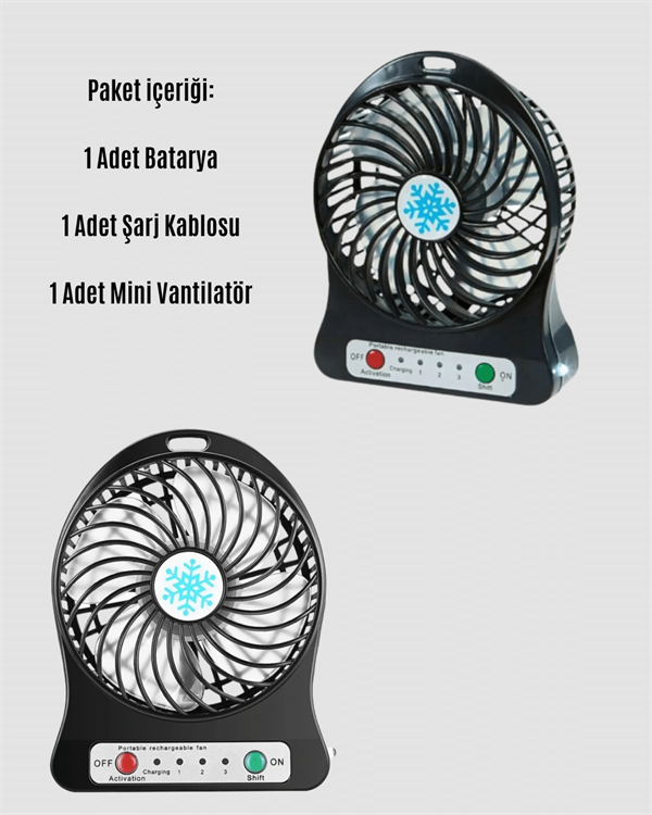 Şarjlı USB Fan – Masaüstü Mini Vantilatör, Taşınabilir, Işıklı, 3 Kademeli, Sessiz
