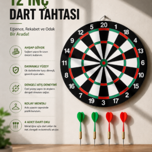 12 İnç Ahşap Dart Tahtası 4 Adet Metal Uçlu Dart Oku Dahil