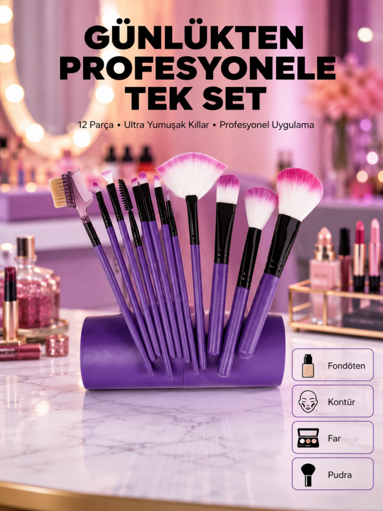 Fondöten, Allık ve Far Uygulamalarına Uygun 12 Parça Makyaj Fırça Takımı Ergonomik Saplı