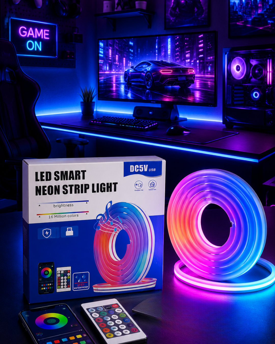 RGB Neon Led Şerit Işık Kumandalı USB Girişli Su Geçirmez Şerit Led
