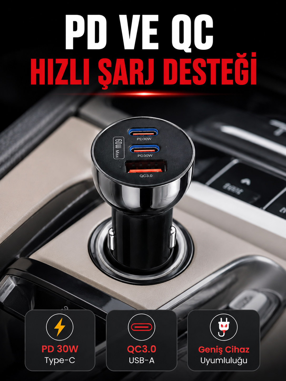 3 Portlu Araç İçi Şarj Adaptörü Çift PD Type-C ve QC3.0 USB Çıkışlı