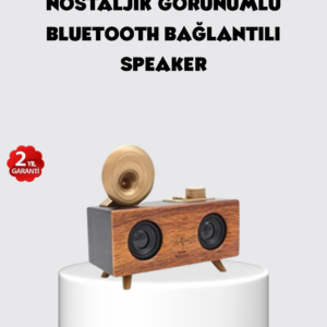 Retro Gramofon Tasarımlı Bluetooth Hoparlör – 3D Stereo Ses, 1800 mAh Batarya
