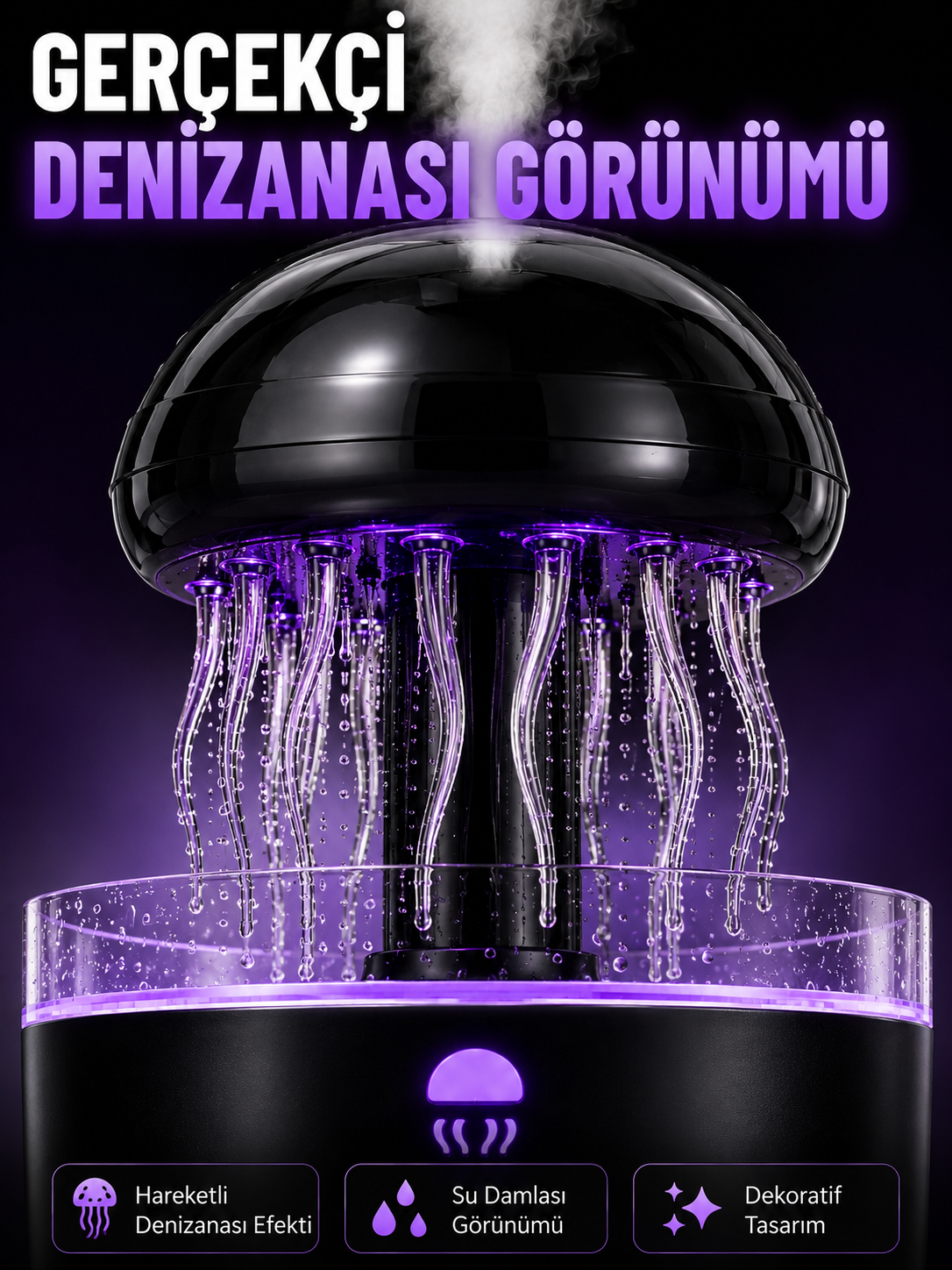 RGB Işıklı Denizanası Hava Nemlendirici Ultrasonik Buhar Makinesi 2H 4H 8H Zamanlayıcılı