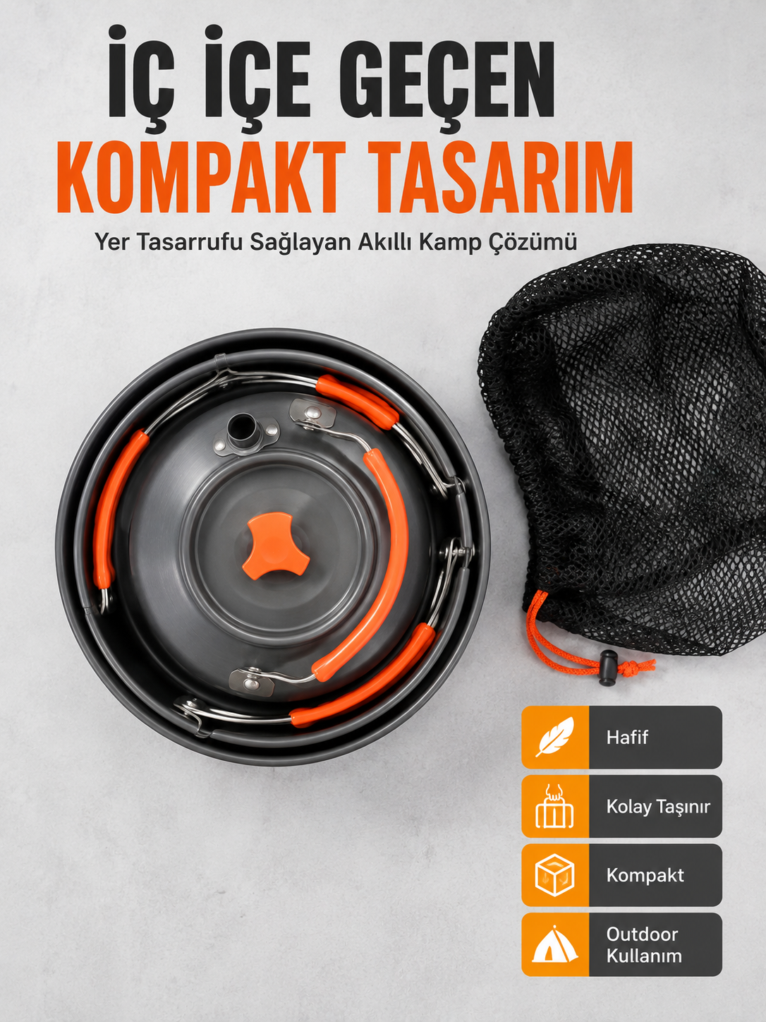 Kompakt Kamp Yemek Seti Alüminyum Tencere Tava Çaydanlık Taşıma Fileli Outdoor Set
