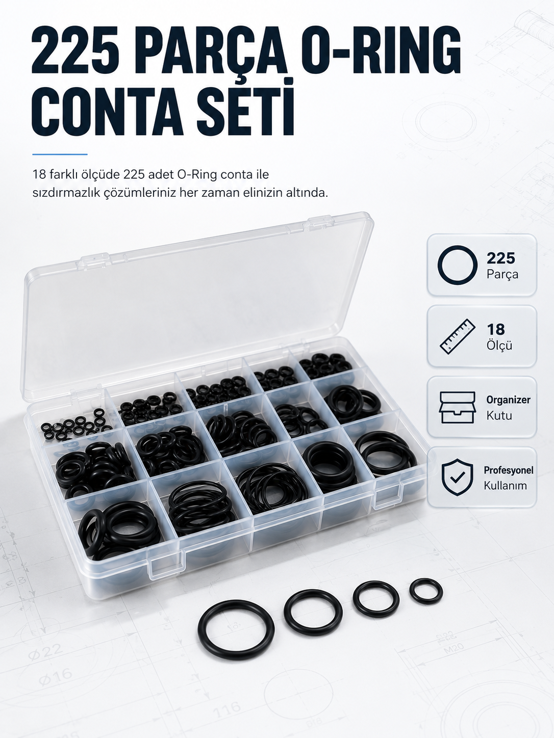 225 PCS O-Ring Conta Seti Profesyonel Tamir, Bakım ve Sızdırmazlık Çözümü