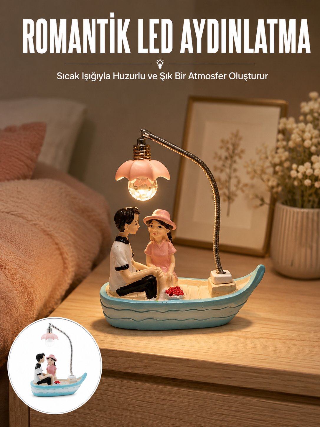 Romantik Sandal Üzerinde Çift Figürü LED Gece Lambası Masa Dekoru Yeni Nesil