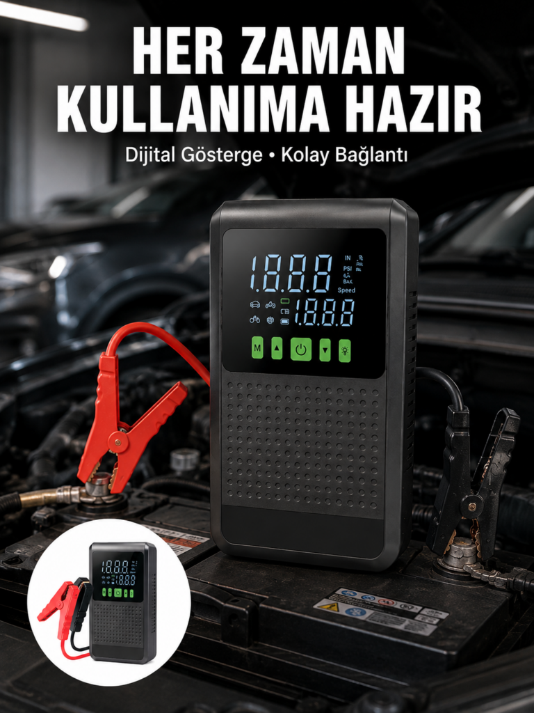 Taşınabilir Araç Akü Şarj Takviye Cihazı 150 PSI Dijital Kompresör Yeni Nesil
