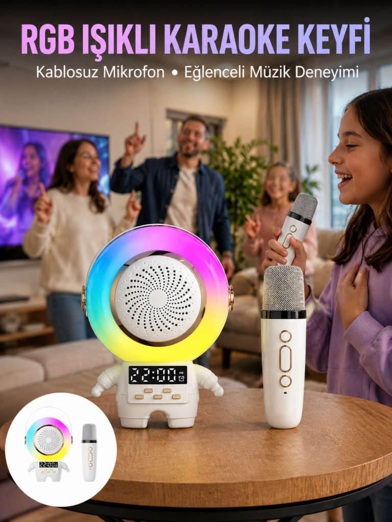 Karaoke Özellikli Astronot Bluetooth Hoparlör Kablosuz Mikrofonlu