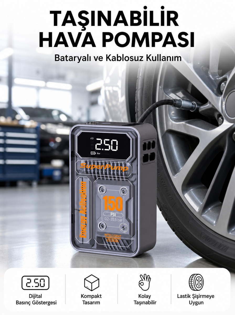 6000mAh Bataryalı LED Ekranlı Akıllı Hava Kompresörü