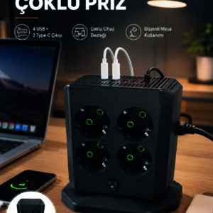 8'li Dikey Çoklu Priz 4 USB 2 Type-C Girişli Akım Korumalı Uzatma Prizi