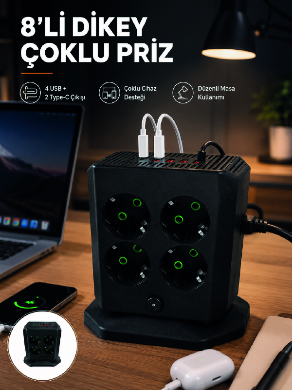 8'li Dikey Çoklu Priz 4 USB 2 Type-C Girişli Akım Korumalı Uzatma Prizi