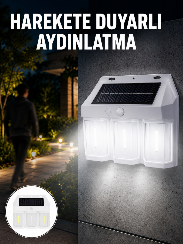 3 in 1 Solar Duvar Lambası – IP65 Su Geçirmez, Hareket Sensörlü Yeni Nesil