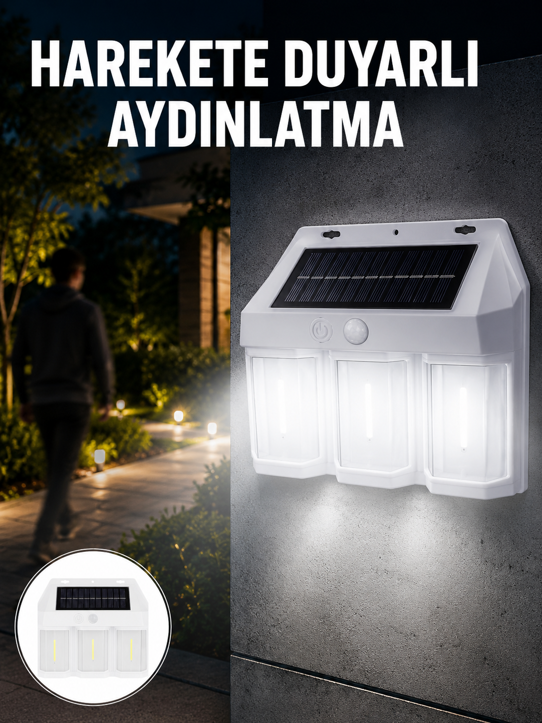3 in 1 Solar Duvar Lambası – IP65 Su Geçirmez, Hareket Sensörlü Yeni Nesil
