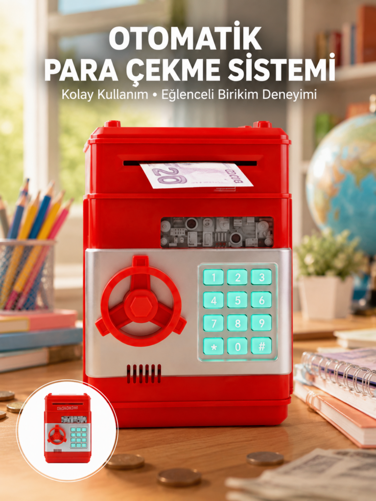Kırmızı Şifreli ATM Kasa Para Yutan Kumbara