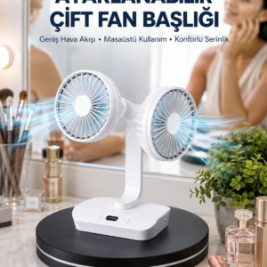 Ayarlanabilir Hızlı Çift Başlıklı Masaüstü Fan – Gece Lambalı Serinletici