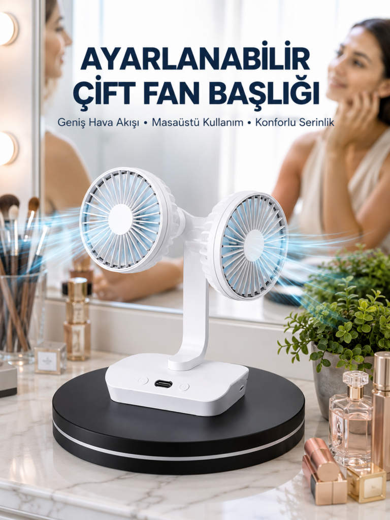 Ayarlanabilir Hızlı Çift Başlıklı Masaüstü Fan – Gece Lambalı Serinletici