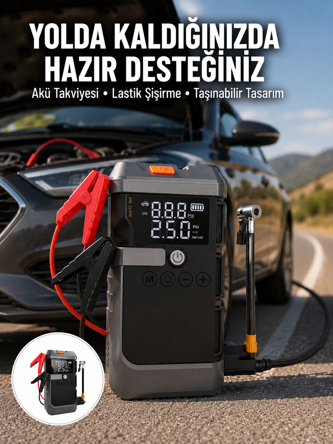 Işıklı Hava Kompresörlü Taşınabilir Akü Takviye Ünitesi Yeni Nesil