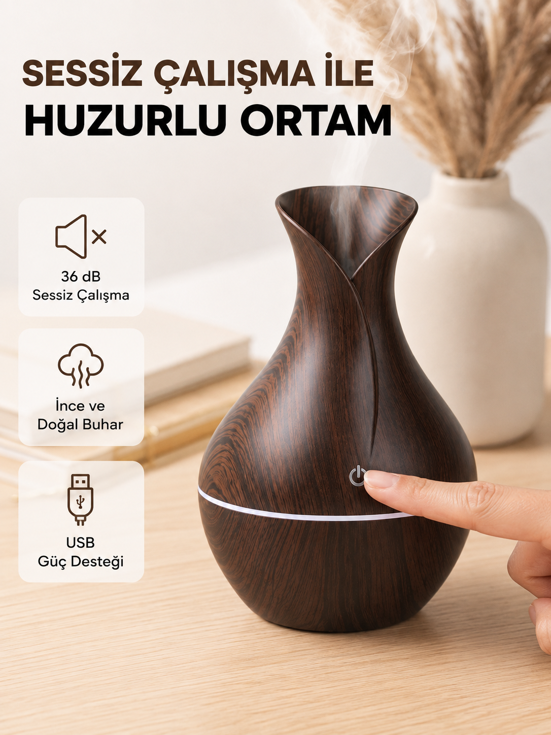 Ahşap Desenli Aromaterapi Difüzör 130 ml Ultrasonik ve 7 Renk LED Işıklı