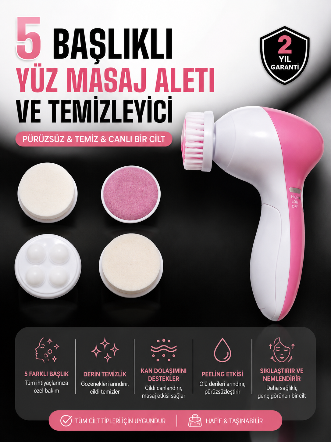 5 Fonksiyonlu Kablosuz Yüz Temizleme Cihazı ile Derinlemesine Cilt Bakımı