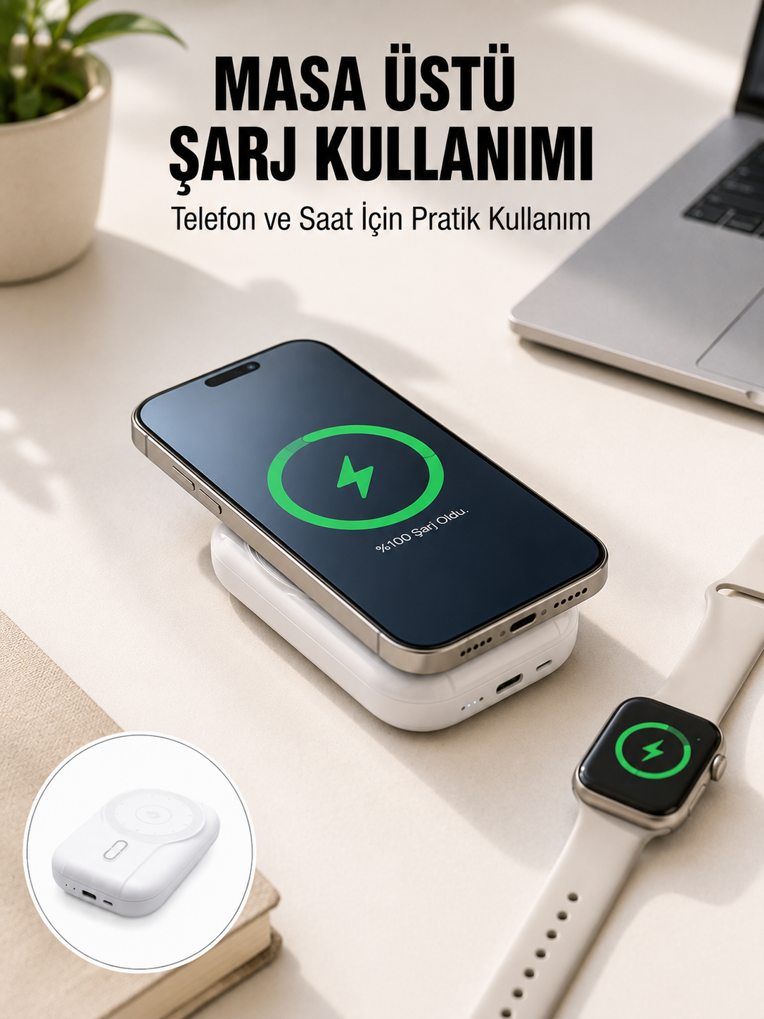 Akıllı Saat ve Telefon Uyumlu 4’ü 1 Arada Powerbank 10000 mAh Yeni Nesil