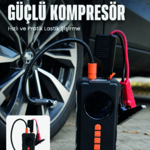 Dijital Araç Kompresörü 4 Fonksiyonlu Akü Takviye Lastik Şişirme Powerbank ve LED El Feneri