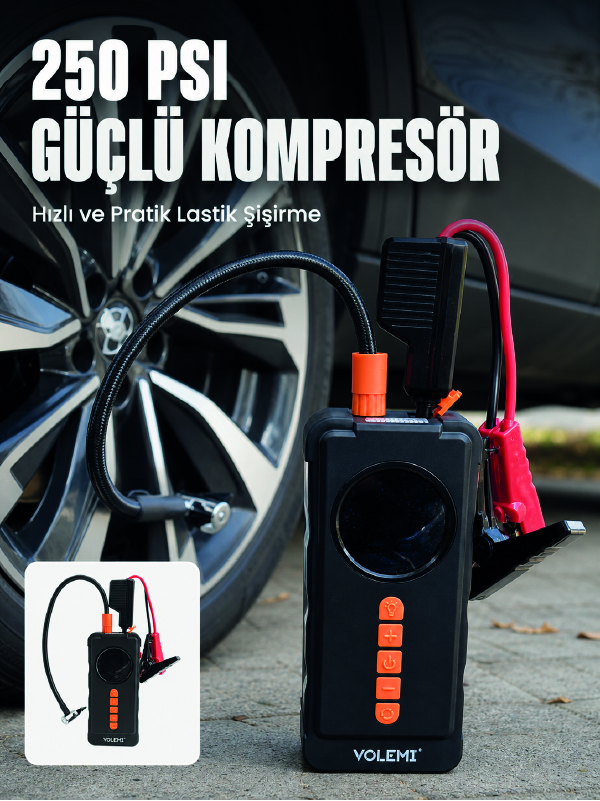 Dijital Araç Kompresörü 4 Fonksiyonlu Akü Takviye Lastik Şişirme Powerbank ve LED El Feneri