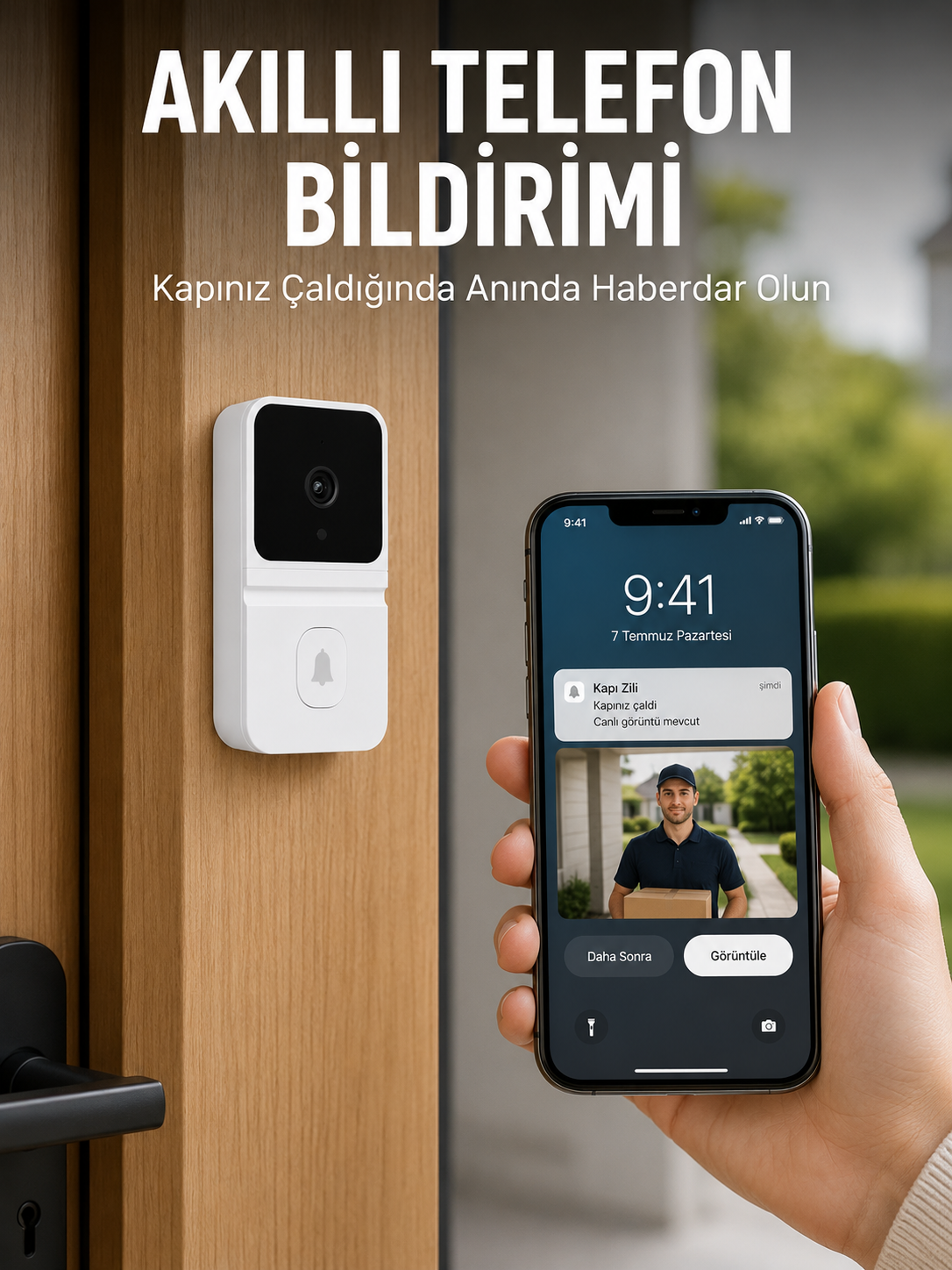 Beyaz Wi-Fi Akıllı Görüntülü Kapı Zili HD Kamera, Gece Görüşü ve Telefon Bildirimli Kablosuz Kapı Zili