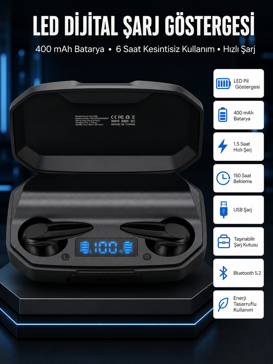 Rgb Işıklı Çift Mikrofonlu Siyah Profesyonel Oyuncu Kulaklığı Kablosuz Kulakiçi