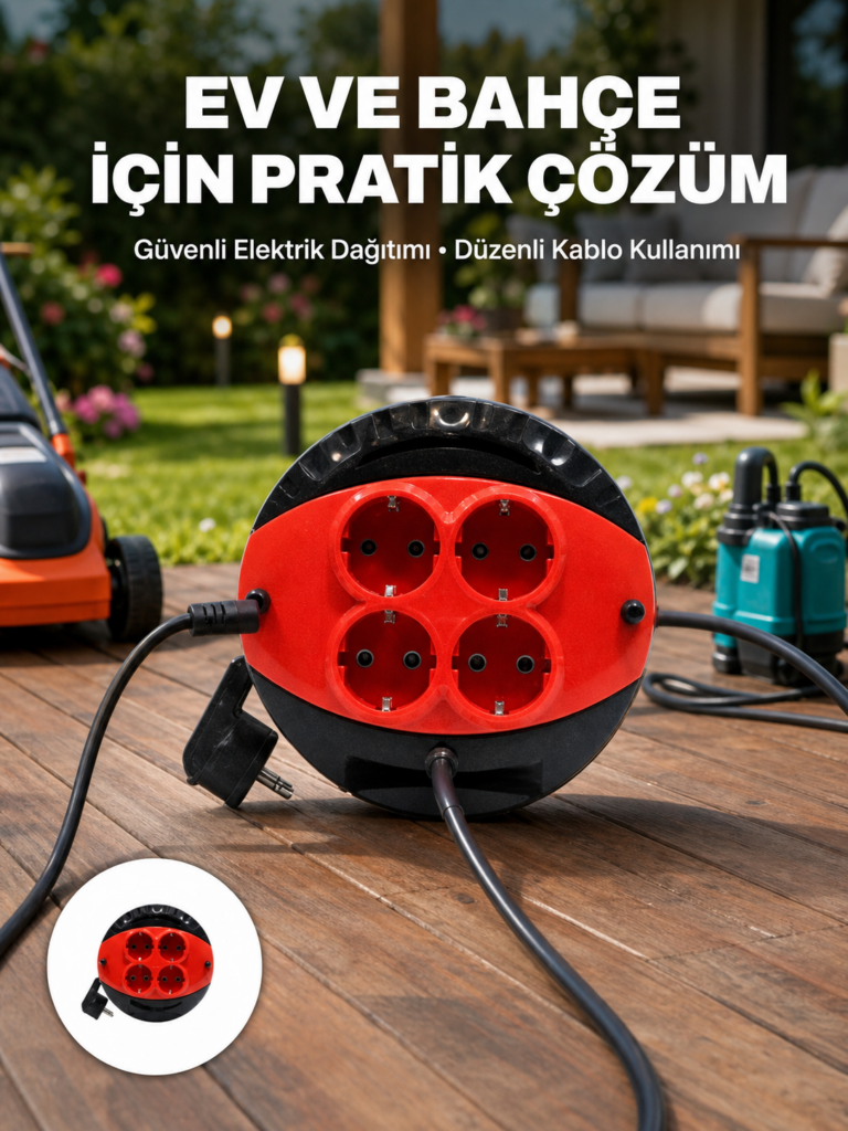 Ev ve Ofis İçin 3 Metre Kablolu 4 Priz Makarası