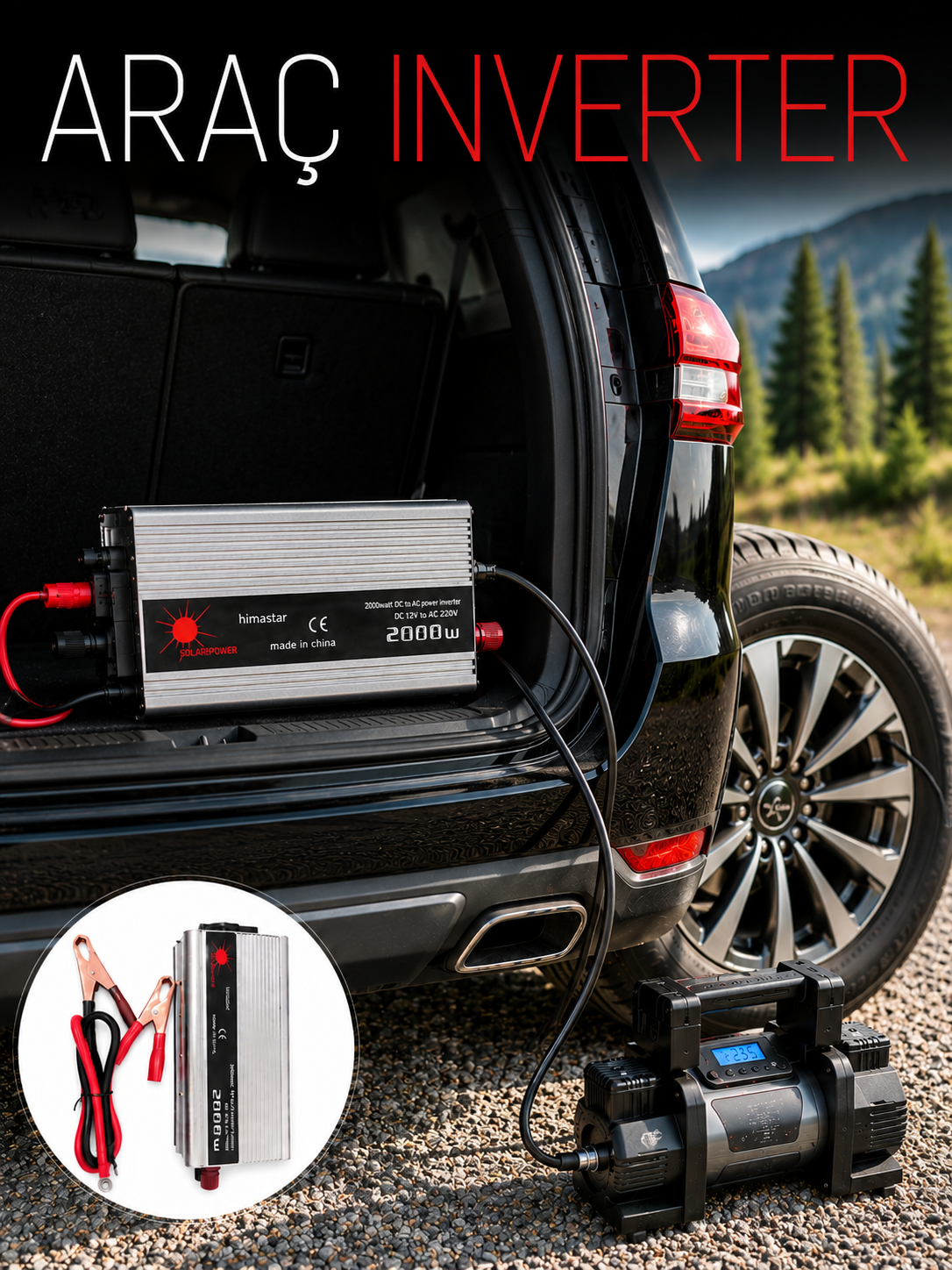 2000W Araç İnverter Aküden Güç Dönüştürücü Elektrik Üreten Taşınabilir