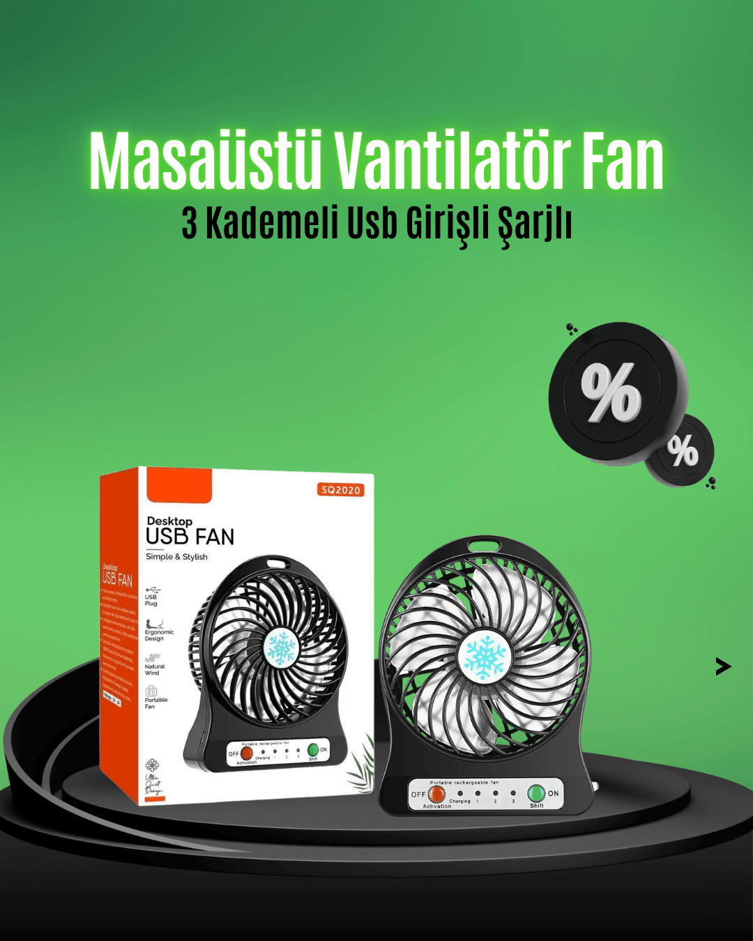 Mini USB Fan – Şarj Edilebilir, Işıklı, 3 Kademe, Taşınabilir Masaüstü Vantilatör