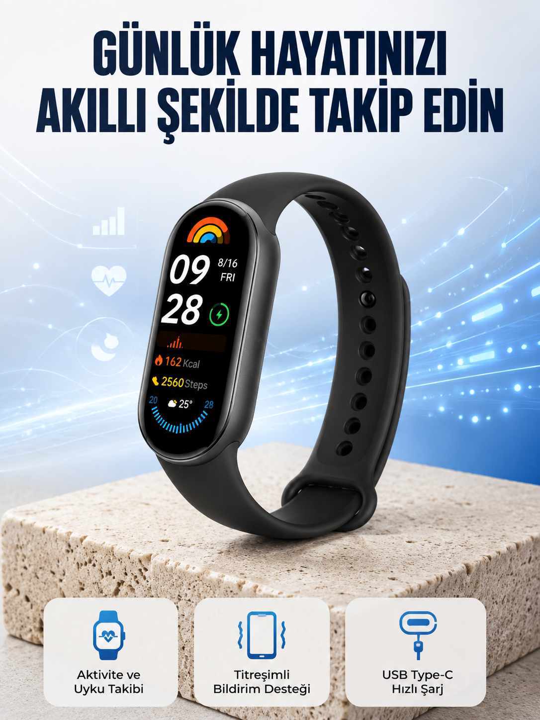 TPU ve Silikon Kordonlu Akıllı Bileklik – 20 Gün Bekleme Süresi Yeni Nesil