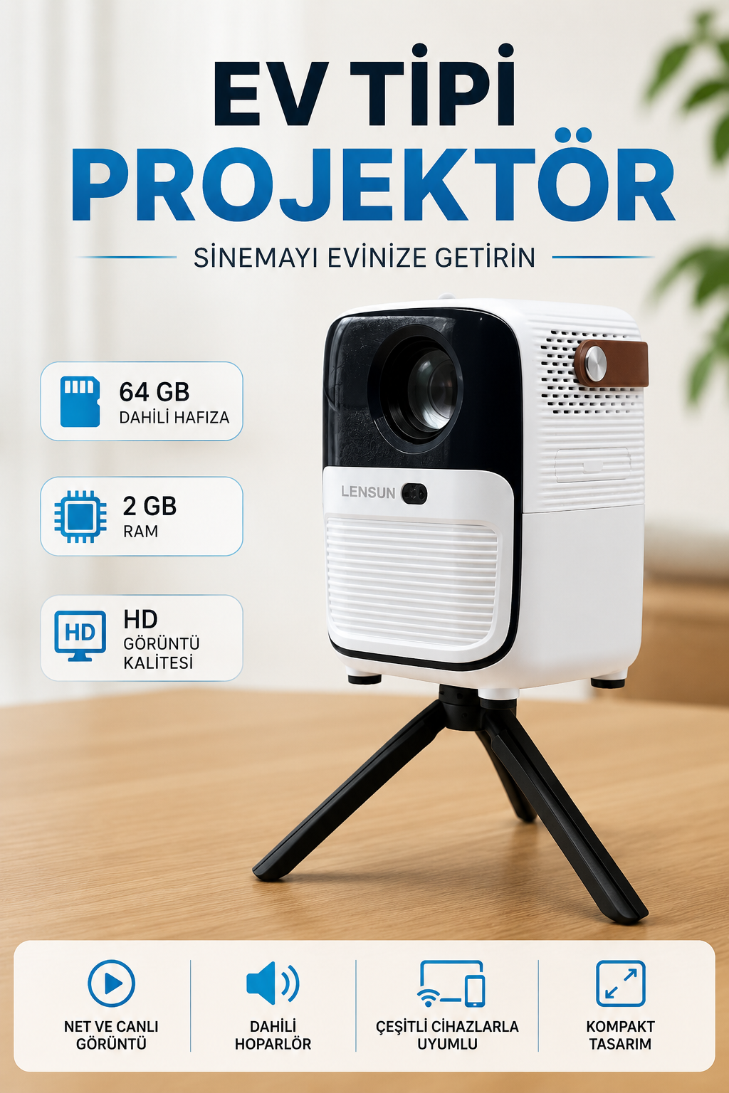 Projector Ev Tipi 64 Gb 2 Gb Rem Hafıza Hd Görüntü Kumandalı
