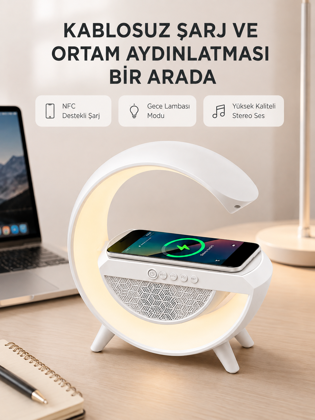 Bluetooth 5.0 Hoparlör – Kablosuz Şarj, RGB Gece Lambası ve FM Radyo