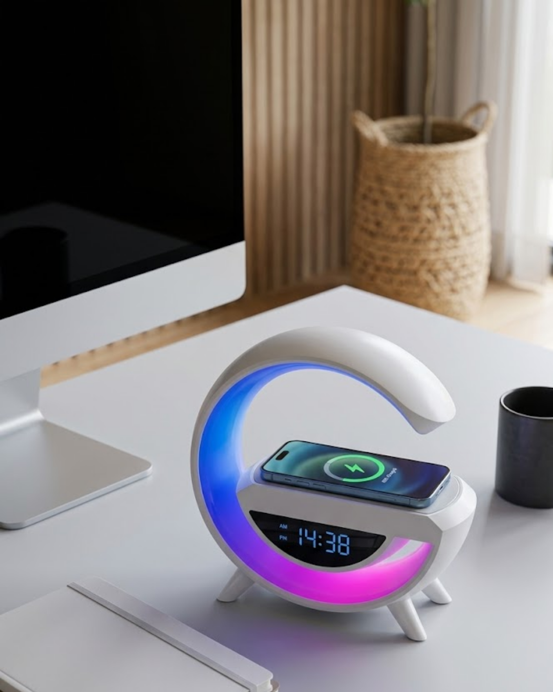 Kablosuz Şarjlı Bluetooth Hoparlör RGB Işık Gece Lambası Dijital Saat