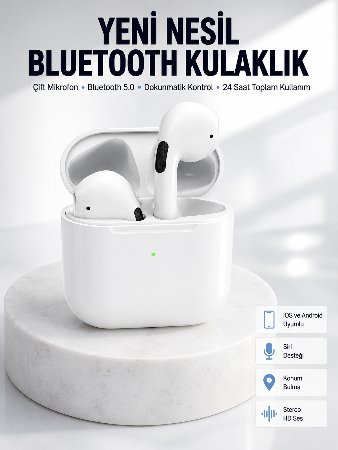 Yeni Nesil Bluetooth Kulaklık Beyaz Çağrı Cevaplayabilen Kablosuz