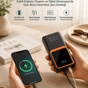 20.000 mAh Taşınabilir Şarj Cihazı Dijital Göstergeli Kablolu Powerbank