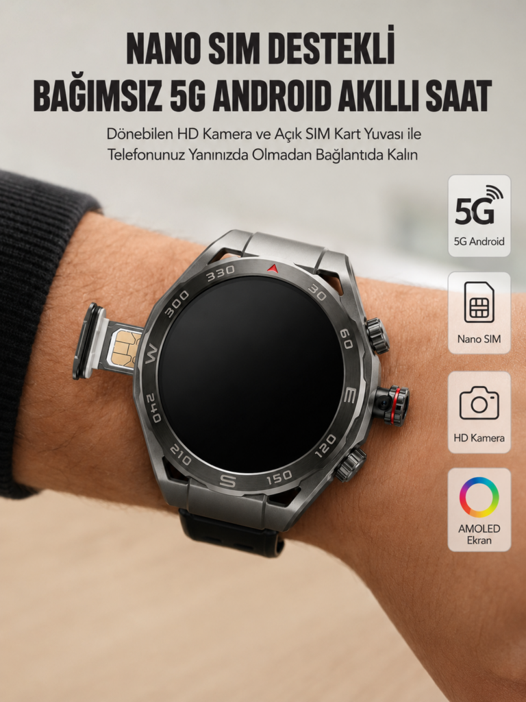 Kameralı 5G Android Akıllı Saat AMOLED Ekran Wi-Fi GPS SIM Kart Destekli