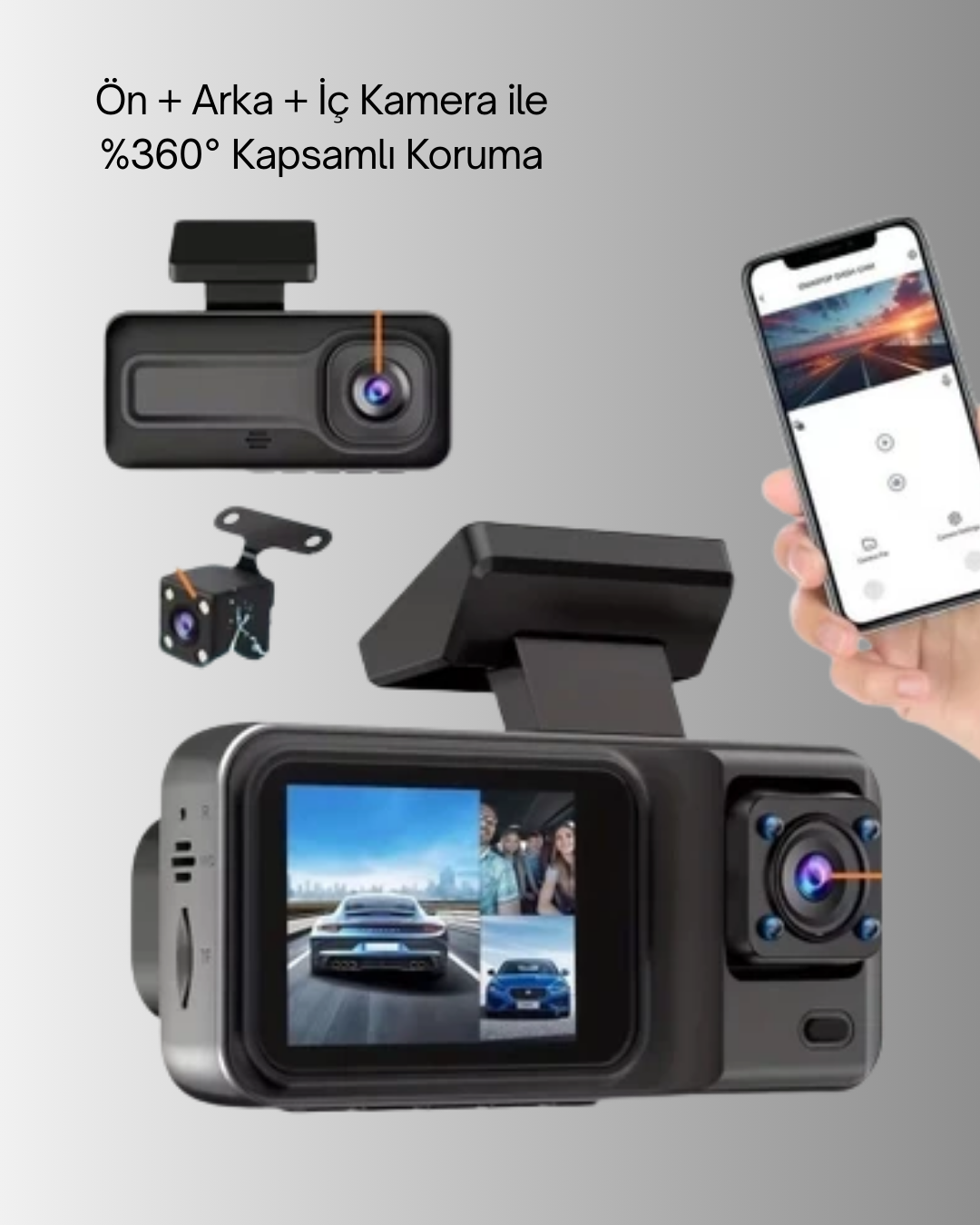 3 Kameralı Araç İçi Kayıt Cihazı 1080P Full HD Gece Görüşlü ve Wi-Fi Bağlantılı