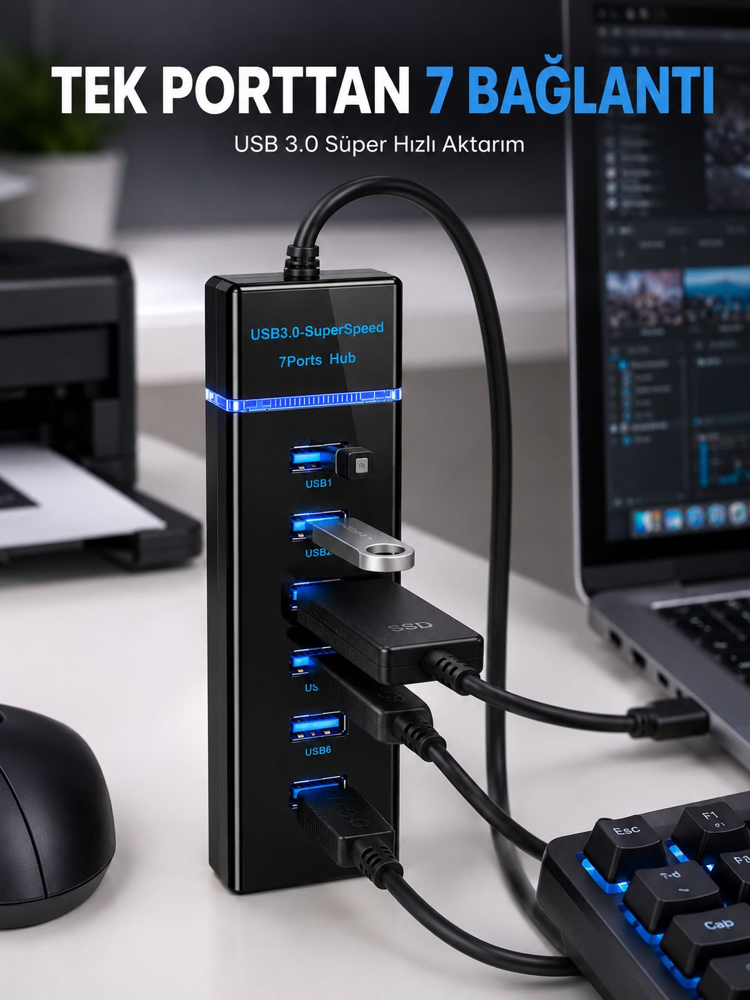 USB Hub 7 Port USB 3.0 Çoklayıcı Windows Uyumlu