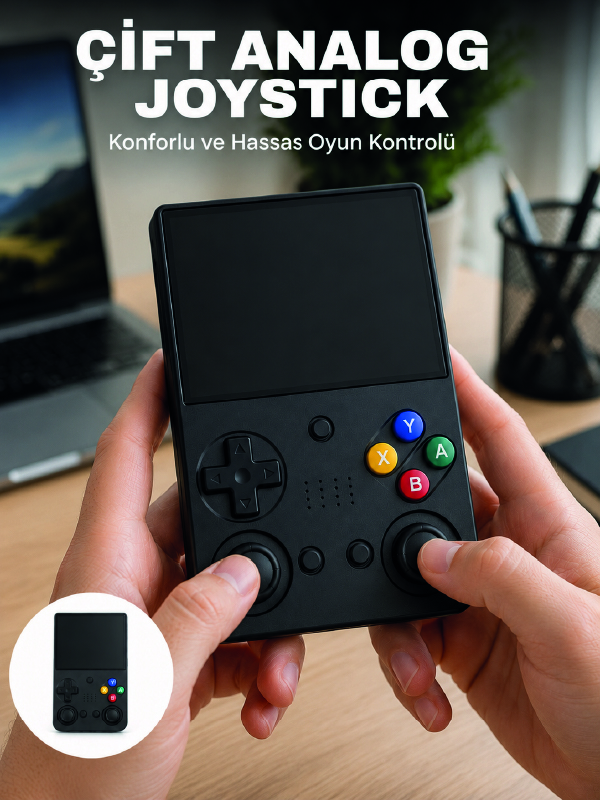 3.5 İnç IPS Ekran Retro Oyun Konsolu 64GB Dahili Hafıza Çift Analog Joystick Taşınabilir El Konsolu