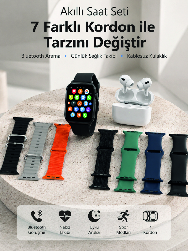 Bluetooth Görüşme Destekli Akıllı Saat Seti Kablosuz Kulaklık, 7 Kordon ve Çoklu Spor Modu