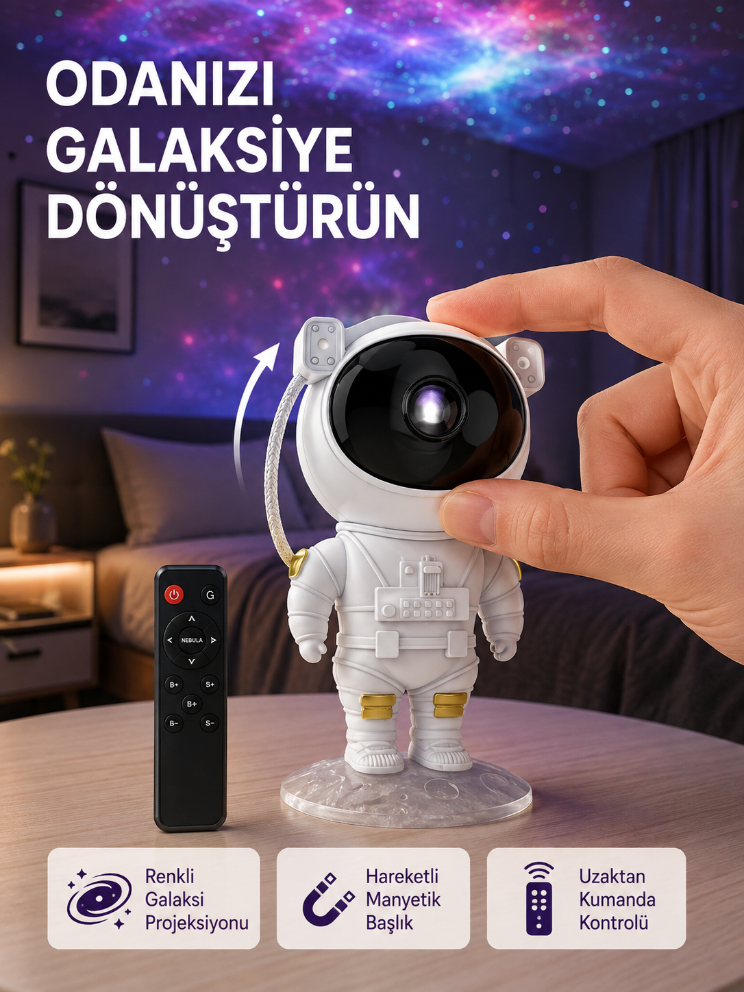 Astronot Şekilli Galaxy Projeksiyon Lambası Nebula Efektli Dekoratif Lamba