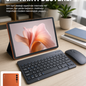 SIM Kart Destekli Android Tablet Bluetooth Klavye ve Kablosuz Mouse Seti Geniş Ekran Taşınabilir Tasarım