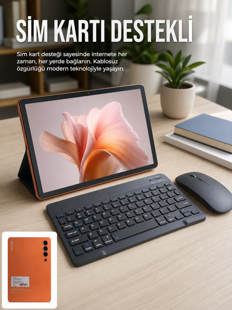 SIM Kart Destekli Android Tablet Bluetooth Klavye ve Kablosuz Mouse Seti Geniş Ekran Taşınabilir Tasarım